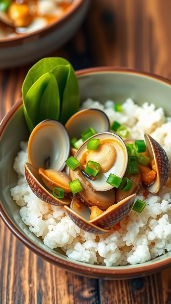 A delicious bowl of clam kayu with clams and rice, garnished with green onions, on a rustic table.